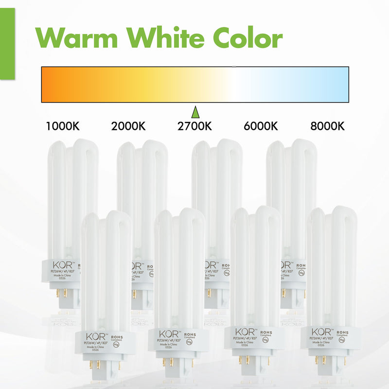 KOR (Pack of 8) PL26W/3U/4P/2700K - 26 Watt Triple Tube - GX24Q-3 (4 Pin) Base - 2700K Warm White - Compact Fluorescent Light Bulb 8 Pack