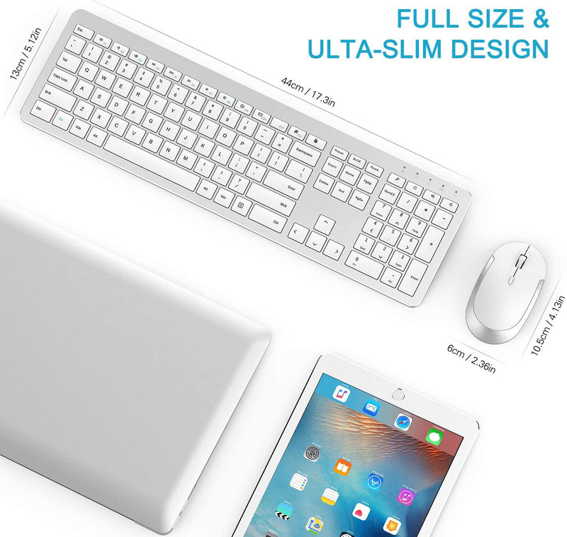Wireless Keyboard and Mouse Combo - Full Size Slim Thin Wireless Keyboard Mouse with Numeric Keypad 2.4G Stable Connection Adjustable DPI (White & Silver) Silver and White