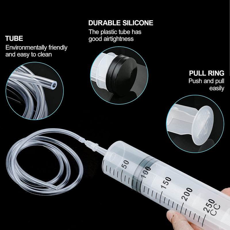 150/250/350/550ml syringe with plastic tubes Reusable plastic syringe for oil or glue applicators, experiments, pet feeding, industrial applications（250ml） 250ML