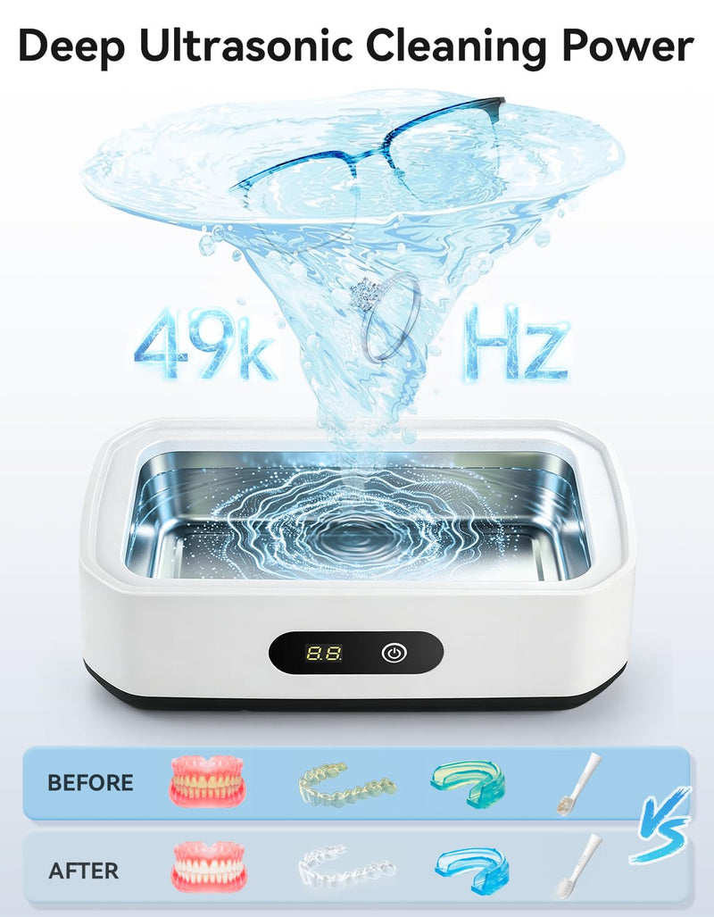 Ultrasonic Jewelry Cleaner, 22oz 49kHz Cleaner for Retainer, Eyeglasses, Watches and Rings, 304 Stainless Steel Tank, Digital Timer, 5 Cleaning Modes, Gift for Mom, Bride or Dentists M