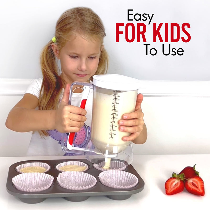Kid Friendly Mess Free Pancake Cupcake Batter Dispenser Squeeze Handle for Precise Portion Control, Great for Waffles, Crepes | 4 Cup Capacity (White) White