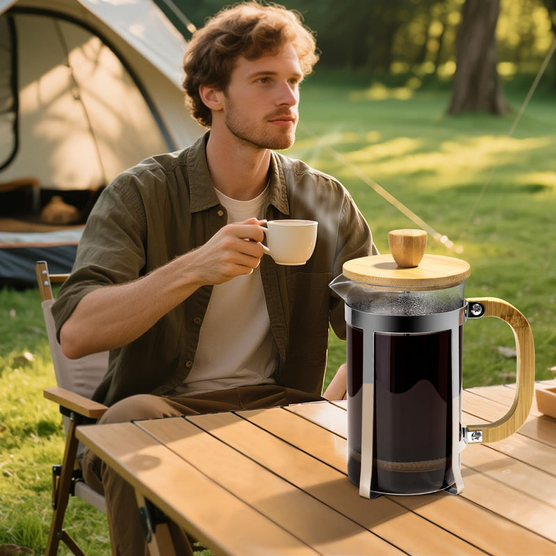 MERMOO YILAN French Press 20oz(600ml) High Borosilicate Glass Portable Coffee Maker with Bamboo lid and handle Easy to Clean Multi-Purpose Coffee & Tea Maker for Home/Office/Camping