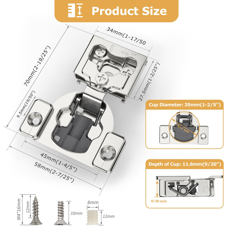 Furniware 10 Pieces 1/4" Small Overlay Concealed Face Frame Hinges, 105° Open Angle 4 Level Soft Close Screw On Compact Cabinet Hinge,for Face Frame Door, Soft Close On/Off Switch, Self Closing 1/4 Inch