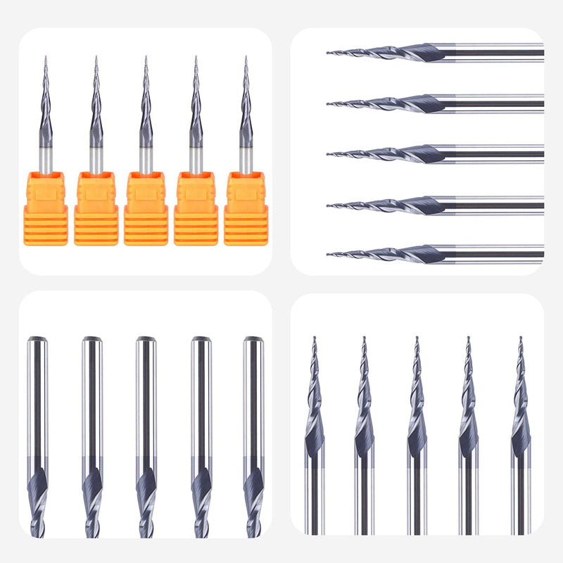 SpeTool Set of 5 End Mills R0.25, 3.175 mm (1/8 Inch) Shank, 2 Flutes, Ball End Mill, Conical Tip Milling Cutter for Routers, CNC Solid Carbide Cutter with TiAlN Coating for 2D 3D Engraving
