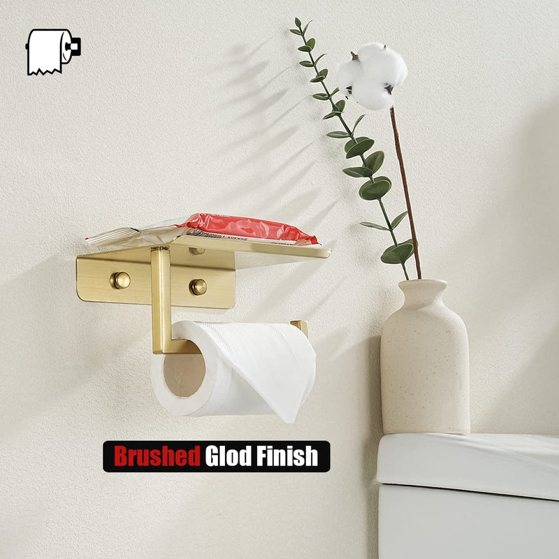 JQK Toilet Paper Holder Shelf, Bathroom Tissue Roll Holder with Phone Shelf, 5 Inch 304 Stainless Steel Tissue Paper Dispenser, Brushed Gold Finished Wall Mount, TPH202-BG