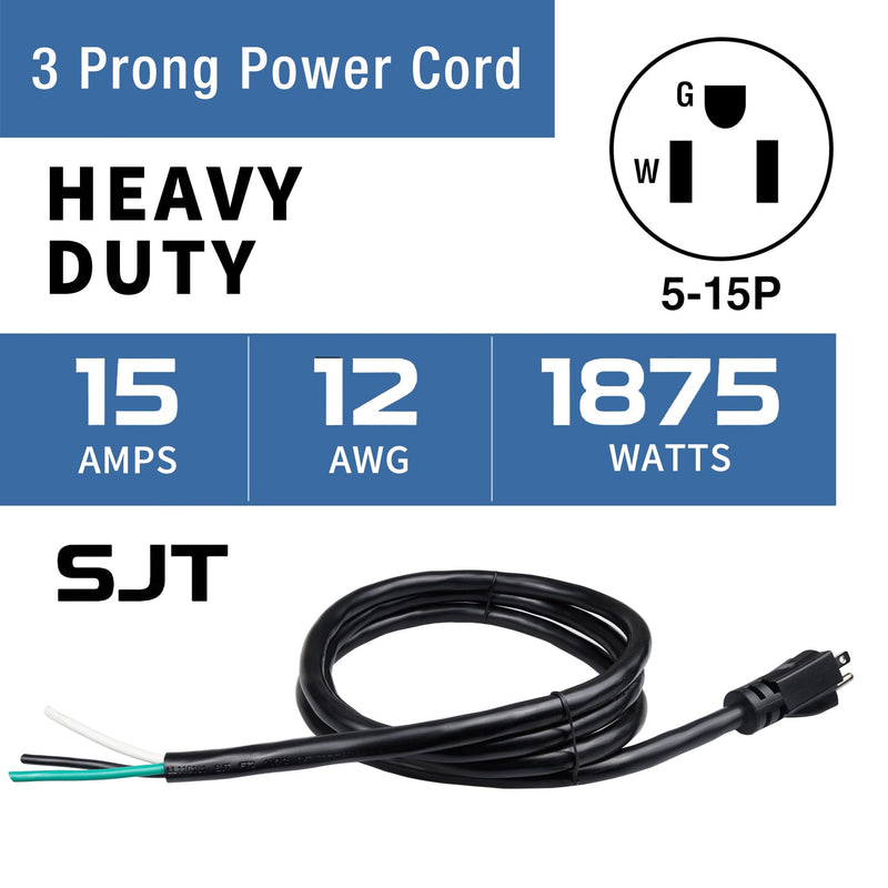 10ft 12 Gauge 3 Prong Power Supply Cord, 110V 115V 120V Pigtail Cable, Heavy Duty Replacement, Male-to-Male for Appliance, NEMA 5-15 Plug US SJT 12AWG (12/3), Black (10ft) 12/3 10ft