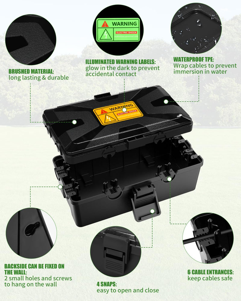 Waterproof Cable Box, 26.1 x 15 x 9.4 cm, Outdoor Cable Safe Box, Cable Box | 6 cable inputs and outputs, weatherproof connection box covers protect socket, timer, holiday light, black Black (black-1)