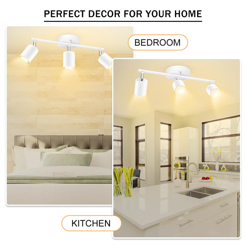 BoostArea LED 3 Light Track Lighting Kit, White 3 Way Ceiling Spot Lighting, Flexibly Rotatable Light Head for Kitchen, Living Room, Bedroom, GU10 Bulb Not Included 3 Light-white
