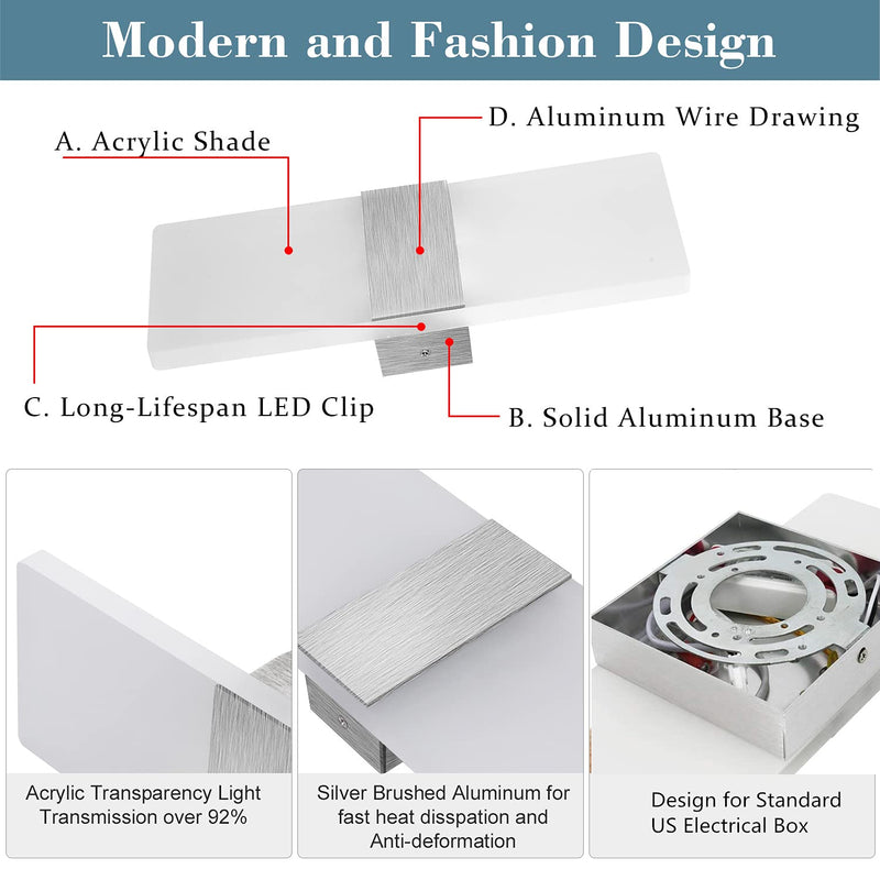 Lightess Modern Wall Sconce Dimmable 12W, Up Down Wall Lights Acrylic LED Wall Lamp for Hallway Bedroom Corridor, Cool White, HS521-1