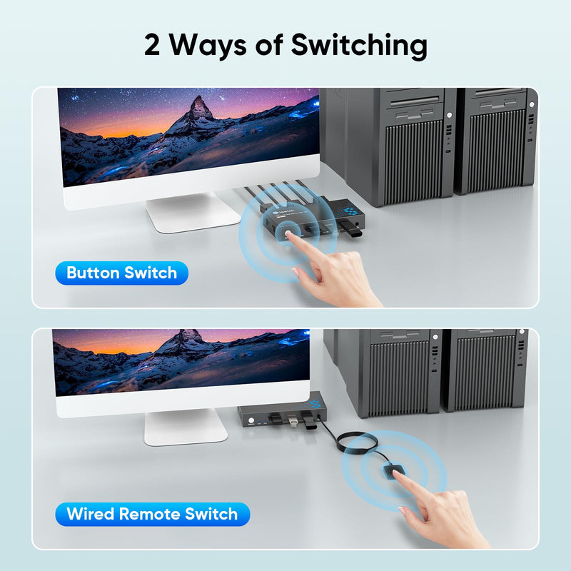 Displayport KVM Switch 1 Monitors 2 Computers, with 3 USB 3.0 Hub, 8K@60Hz DP 1.4 Dual Monitor KVM Switch, Wired Remote KVM Switches, Share Keyboard Mouse Printer, EDID,Plug and Play