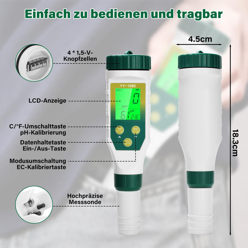5-in-1 pH Value Meter, Multifunctional Salt Content/pH/EC/TDS/Temperature Meter Water, PH Tester for Drinking Water, Hydroponics, Pool, Spa | Multifunktions Messgerät Wasser, PH Tester für Trinkwasser, Hydrokultur, Pool, Spa 5 IN 1(B)