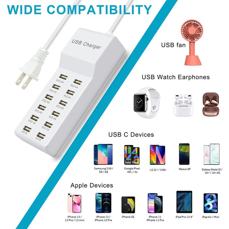 USB Charger 12 Port USB Charging Station Charging Hub with Fast Charging USB Wall Charger for Multiple Devices USB Charging Port Compatible with Cell Phones Tablets Laptops JY-12USB