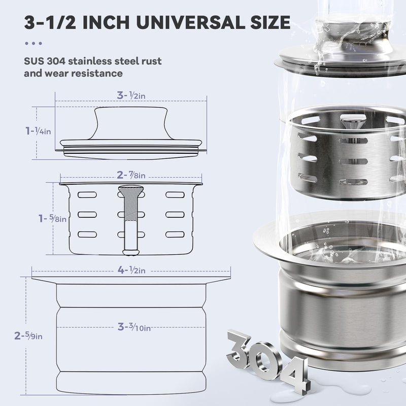 KONE Extended Garbage Disposal Flange with Strainer and Stopper, Deep 304 Stainless Steel Kitchen Extended Sink Flange for 3-1/2 Inch Standard Sink Drain, Convenient for Water Storage and Drainage Silver