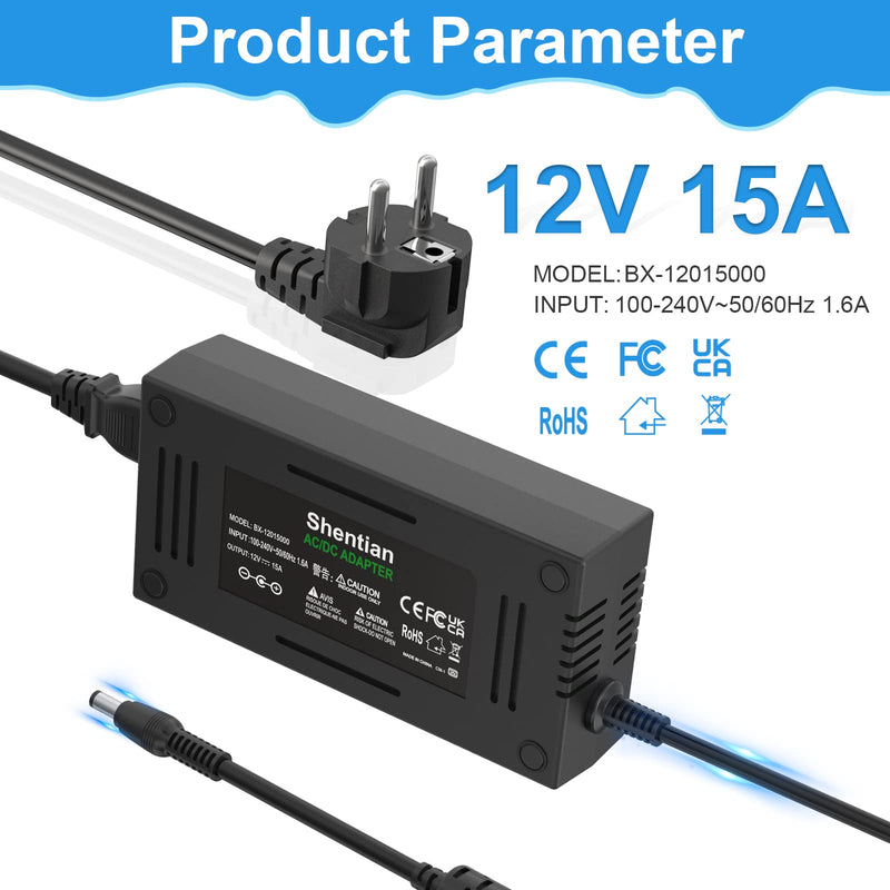 Shentian 100V-240V to 12V power supply switching power supply with 5.5 x 2.5mm DC plug for 5050 3528 LED strip, 3D printer LED driver, CCTV, security system LCD monitor etc. (12V 15A adapter) 12V 15A adapter