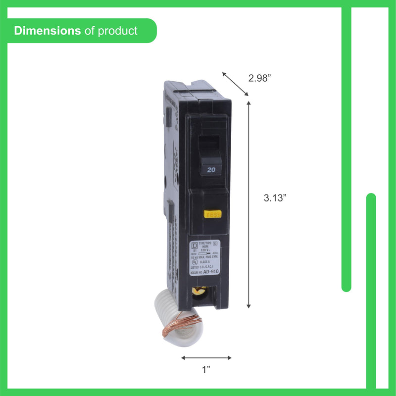 Square D by Schneider Electric Homeline 20 Amp Mini Circuit Breaker, 1 Pole, 120V AC, 10kA Breaking Capacity, Plug in Mount, GFCI, Residential Use (HOM120GFICP) Pack of 1