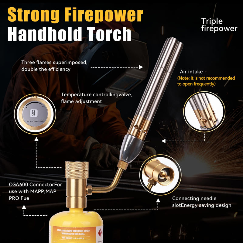 BLUEFIRE Triple Flame Barrel Turbo Torch Head High Output 25590 BTU Heavy Duty Gas Welding Nozzle Fuel by MAPP MAP Pro Propane Brazing Soldering Large Dia Pipes Flamethrower