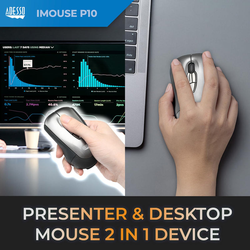 Adesso Wireless Air Mouse Mobile iMouse P10 Presentation Remote, Laser Pointer, presenter clicker with Programmable Buttons and Hand Gestures USB Receiver for Laptop Classroom Office