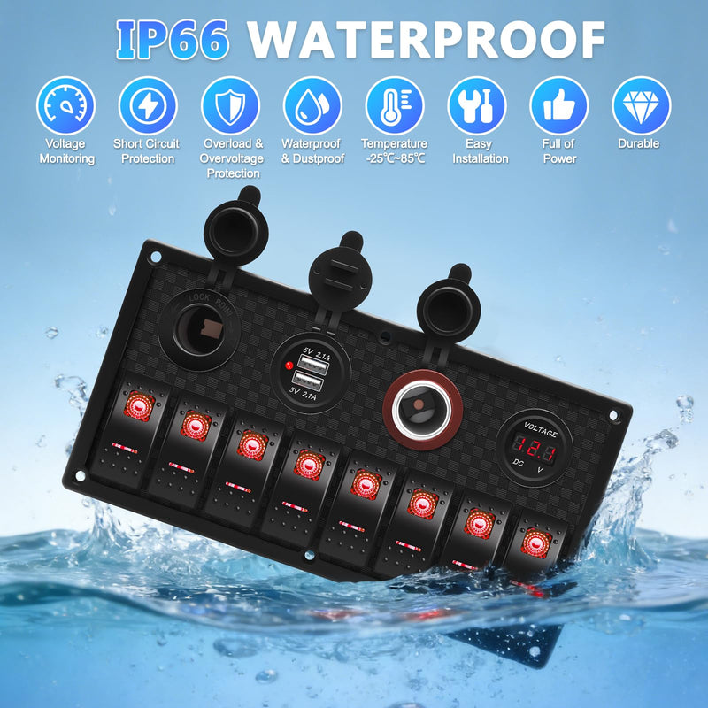 Geloo 8 Gang Marine Rocker Switch Panel, Boat Switch Panel Waterproof, 12V Switch Panel Toggle Switches Panel with LED Circuit Breaker 3.1A USB Charger Voltmeter ON/Off for Car Rvs Vehicles (Red) Red