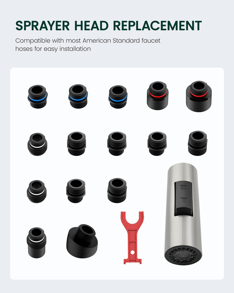 Metal Kitchen Faucet Head Replacement, 2-Mode Pull Down Kitchen Faucet Spray Head with 15 Adapters, High Pressure Sink Sprayer Nozzle Stainless Steel, Brushed Nickel
