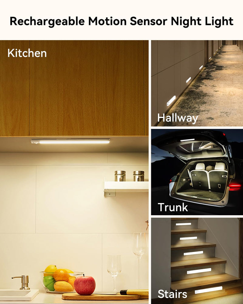 Under Cabinet Lighting 4 Inches Rechargeable Motion Sensor Light Indoor, 3 Color Dimmable Closet Light Battery Operated, USB Stick on LED Magnetic Under Counter Lights for Kitchen Stair,12 Packs 4inch-12pack
