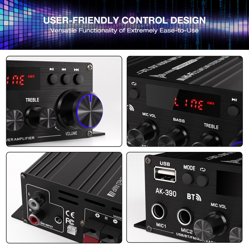 AK-390 2.0CH Stereo Amplifier, Max 400W HiFi Stereo Amplifier, Bluetooth 5.0 Home Audio Power Amplifiers with MIC/RCA/USB/SD for Car Home Karaoke Bar Garage, Remote Control & Power Adapter