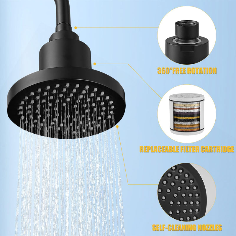 BESy High Output Shower Filter Filtered Shower Head Shower Water Softener with Hard Water Improves The Condition of Your Skin & Hair Round Matte Black