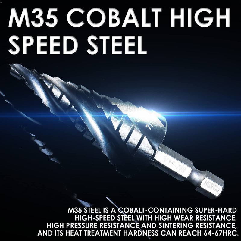 Matework M35 Cobalt Step Drill Bit Set, Four Spiral Flute Unibit Step Drill Bits (1/8"-7/8") Wear-Resistant TiAlN Coated, 1/4" Hex Shank for Metal, Carbon Steel, Stainless Steel, Wood, Plastic (3Pcs) 1/8"-7/8"