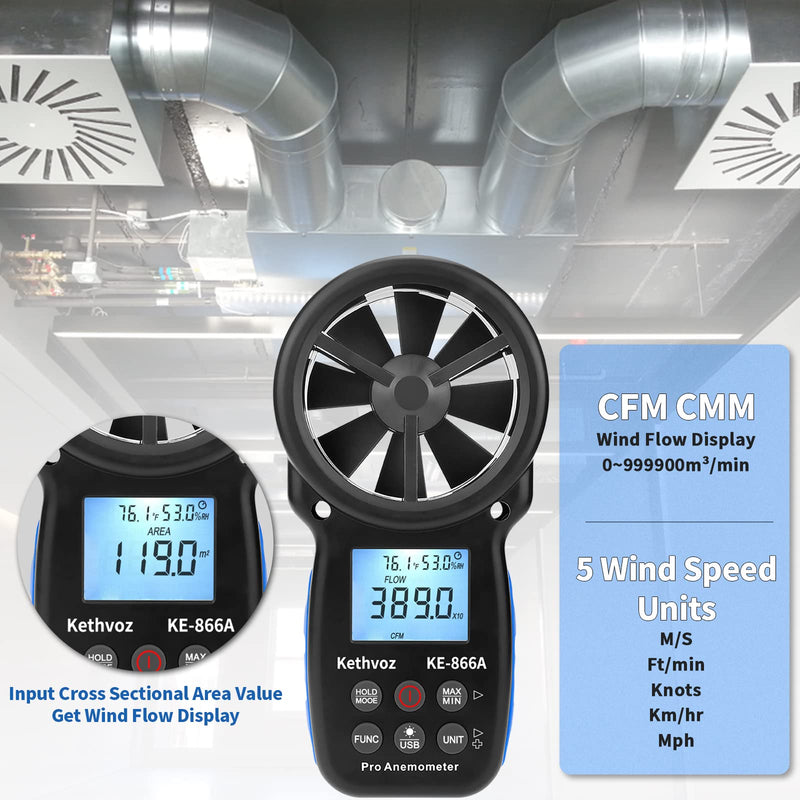 Wind Meter HVAC Anemometer, Kethvoz Wind Meter CFM Air Flow Tester Wind Speed Meter Measuring Air Flow Speed Wind Temperature for Air Vent Dust Collection Drone Shooting