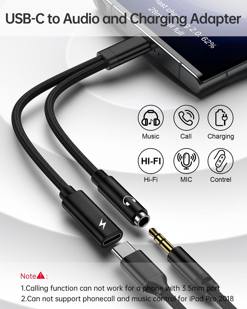 2Pack 2 in 1 USB C to 3.5mm Aux Adapter, Android Dongle C to C Fast Charging for Samsung Galaxy, Apple iPhone 15 Headphone Jack Adapter, 60W PD Aux Audio Cord Adoptor, Aux Male to Female Converter