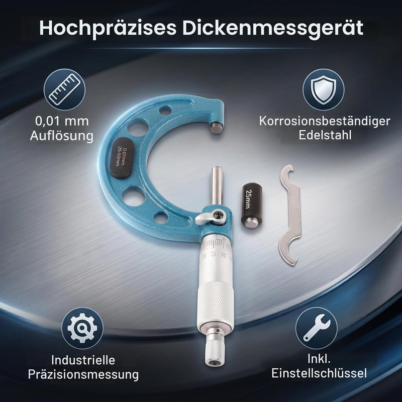 Outside Micrometer, Outside Micrometer, Micrometer Screw with Wrench and Plastic Box, Stainless Steel, 001 mm, Precision Vernier Scale, Outside Micrometer (25-50 mm)