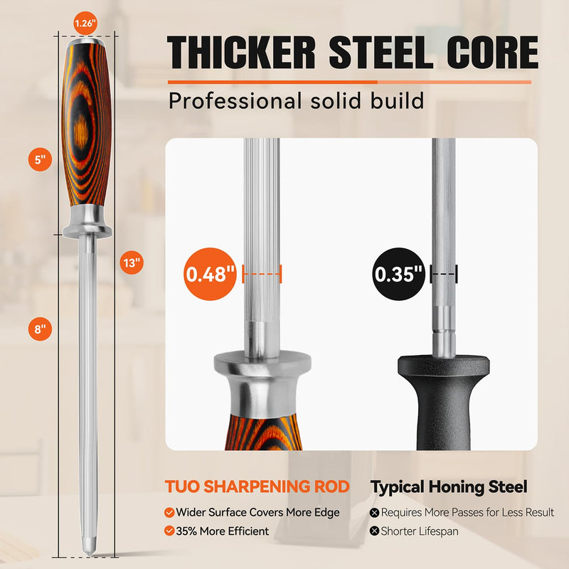 TUO Honing Steel, Sharpener Rod with Thicker Steel Core for Kitchen Knives Daily Sharpening Maintenance, High Carbon Steel, Ergonomic Handle, 8 inch 8"