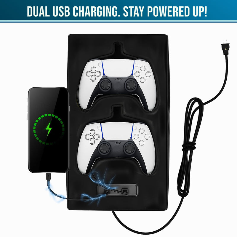 Gaming Controller Charger Docking Station for Sofa. Compatible with PS5 and PS4 Sony PlayStation Dualsense Controller. Remote Charging Station with Fast Charging Port 3DDR-USB-Small-PS5Leather-BLACK