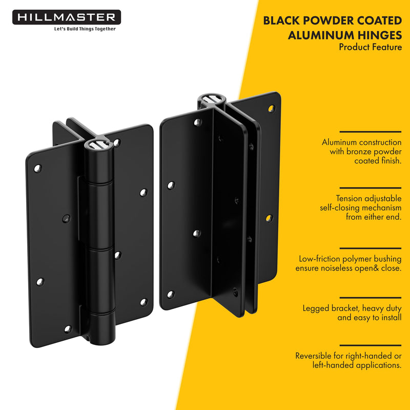 5-3/4" Self Closing Aluminum Gate Hinges for Metal Pool Gates,Heavy Duty Fence Door Hinges with Adjustable Tension for Vinyl Fence,Legged Hinges for Indoor Outdoor,Gate Hardware,2Pack,Matte Black