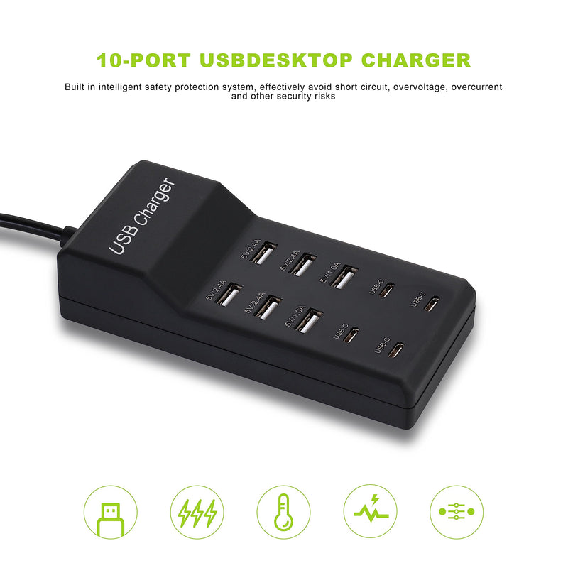 USB Charger,50W USB Charging Station with 10-Port (6 USB-A Port & 4 USB-C Port) Compatible with iPhone 15/14/13/12/11/X/8/7/6 Phones, Watch,Tablets, Smartphones Black 6USB-A&4USB-C Ports-black