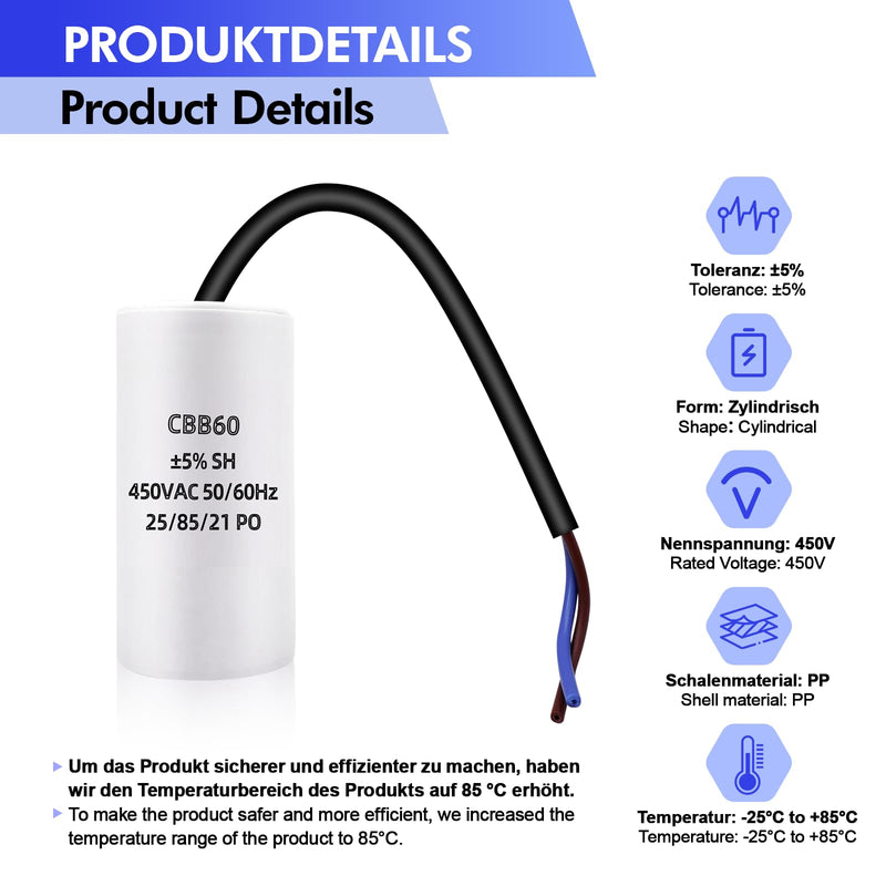 CBB60 450V 8uF 50/60HZ Starting Capacitor with Cable (Extended Version), 8µF AC Motor Operating Capacitor, AC Motor Capacitor, for Household Appliances such as Electric Motors and Air Conditioners etc 8.0 Mikrofarad