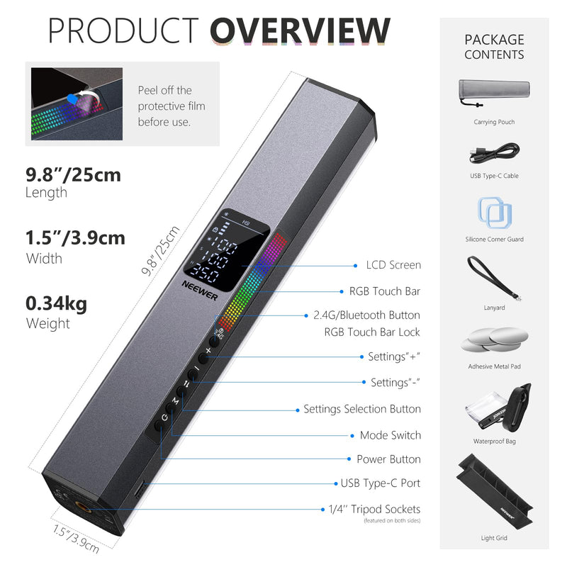 NEEWER RGB LED Video Light Stick, Touch Bar & APP Control, Magnetic Handheld Photography Lighting Wand, Dimmable 3200K~5600K CRI98+ Full Color LED Light with 6400mAh Battery, 17 Scenes, RGB1 RGB1-Silver