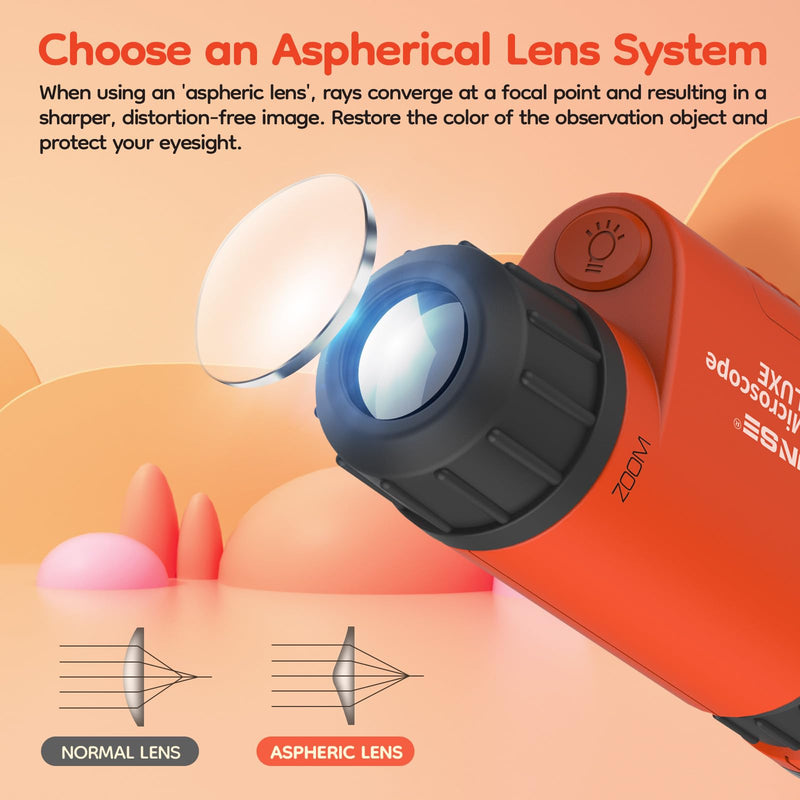 QUNSE pocket microscope 60x-120x with LED light, aspherical hand microscope, children students educational gifts for nature observation insects outdoors
