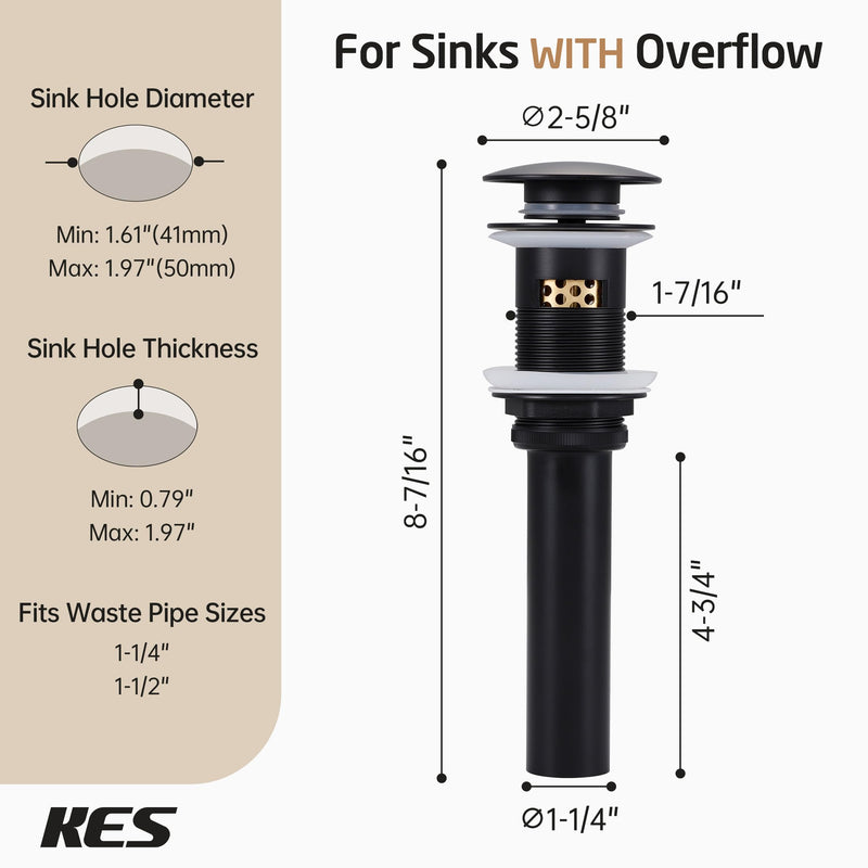 KES Bathroom Sink Drain with Overflow, All Metal Pop Up Drain for Bathroom Sink Stopper with Brass Strainer Basket Hair Catcher Anti Clog Rustproof 18/8 Stainless Steel Matte Black, S2018A-BK