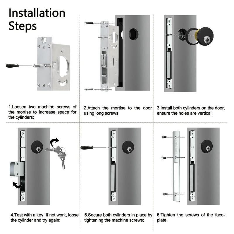 Commercial Mortise Door Lock with Double Cylinder, 1-1/8" Backset Storefront Door Hook Bolt Lock, Solid Brass Cylinder, Direct Replacement for Aluminum Narrow Stile Doors (Silver) Silver 1-1/8"Hook Deadbolt,Double Cylinder