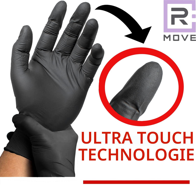 R MOVE Pack of 200 Disposable Gloves, Black, L Nitrile Gloves, Rubber Gloves, Disposable Medical Examination Gloves, Powder-Free (200, Black, L)