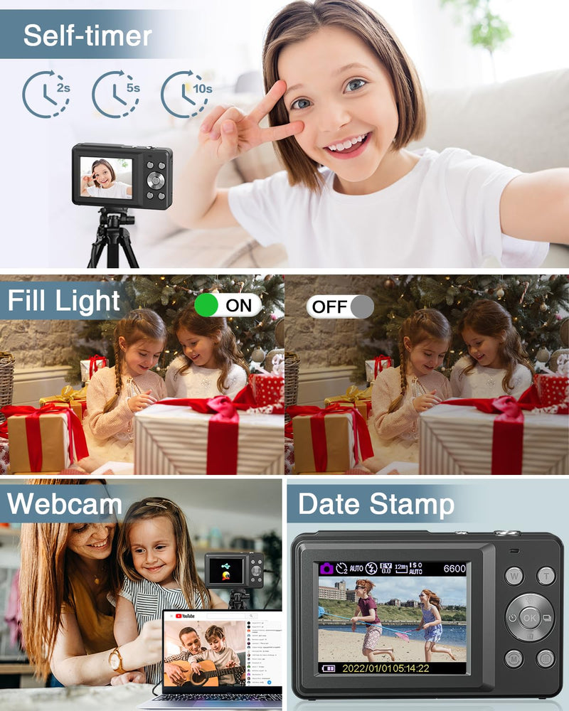 Lecran Digital Camera, FHD 1080P Kids Camera with 32GB Card, 2 Batteries, Lanyard, 16X Zoom Anti Shake, 44MP Compact Portable Small Point Shoot Camera for Kids Children Teens Girl Boy(Charcoal)