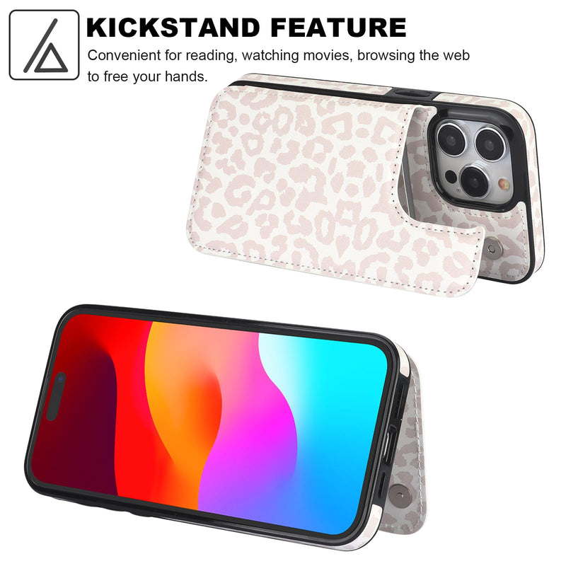 HAOPINSH for iPhone 15 Pro Max Case Wallet with Card Holder, White Leopard Cheetah Pattern Back Flip Folio PU Leather Kickstand Card Slots Case for Women Girls, Double Magnetic Clasp Cover 6.7"
