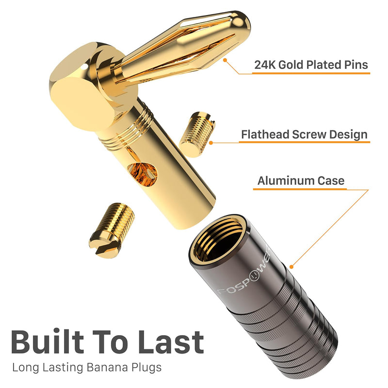 FosPower Right Angle Banana Plugs (2 Pairs / 4 pcs), Closed Screw 24K Gold Plated Banana Speaker Plug Connectors for Speaker Wire, Wall Plate, Home Theater, Audio/Video Receiver, and Sound Systems 2 Pairs (90 Degree Right Angle)