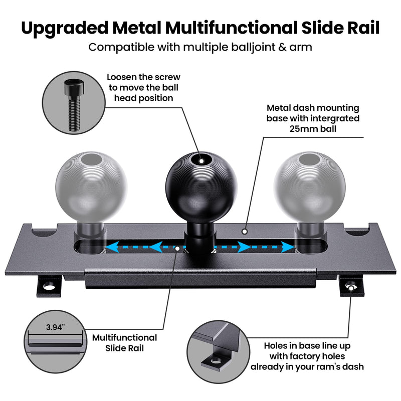 Kaishengyuan Metal Phone Mount for Ram Truck 2013-2018, Dash Mount Cell Phone Holder Compatible with RAM 1500/2500/3500 & 2019+ Classic, Metal Ball Adapter Phone Stand Arm Fit for Most Smartphones Universal Mount