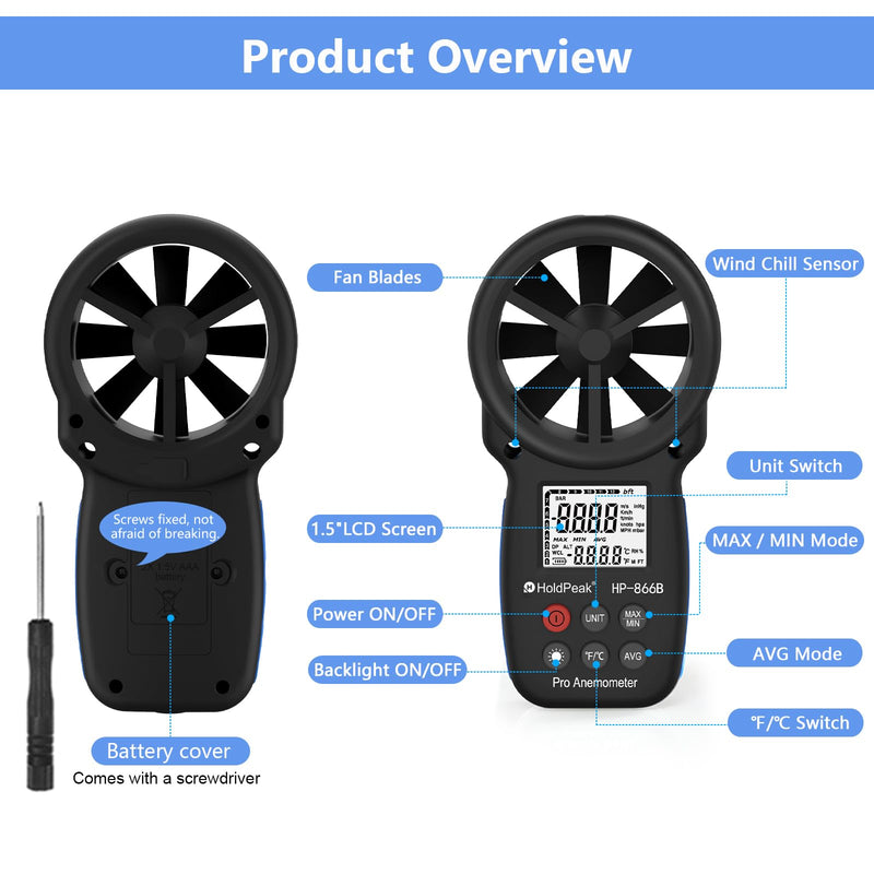 BT100 Digital Anemometer Handheld Wind Speed Meter for Measuring Wind Speed, Temperature/Wind Chill with Backlight and Max/Min (866B)