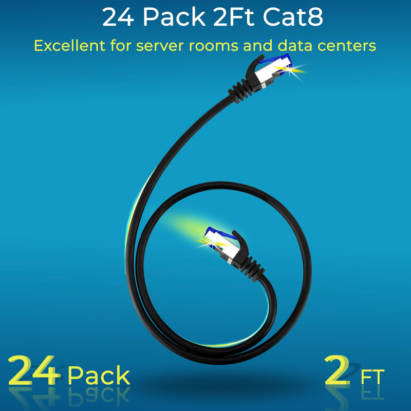 Rapink Patch Cables Cat8 2ft 24 Pack Slim, Cat8 Ethernet Patch Cable 40G Support, Snagless Cat 8 Patch Cable for Patch Panel to Switch, Flexiable Cat 8 Ethernet Cable Datacenter with Gold Plated