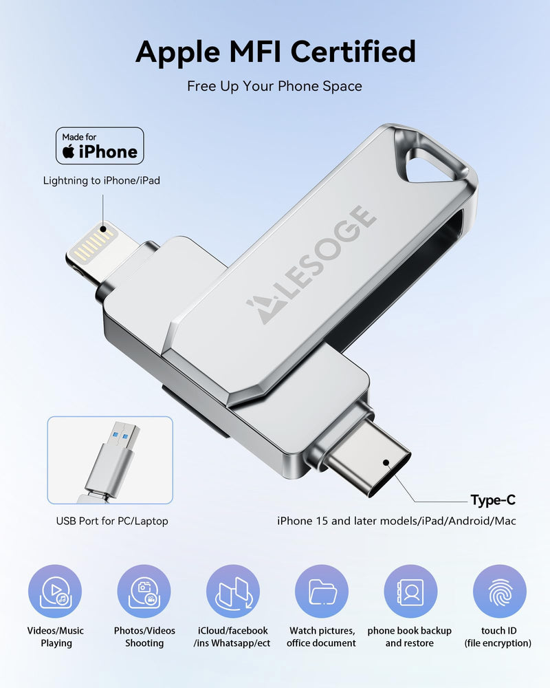 MFi Certified Flash Drive 512GB Thumb Drive USB Memory Stick High Speed External Storage Jump Drive USB Stick Photo Stick for iPhone/iPad/Android/PC and More Devices 512GB（Lightning+USB C)