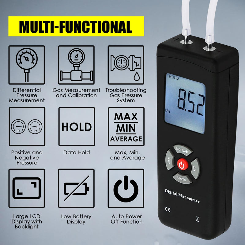 Portable Digital Manometer HVAC Air Vacuum Gas Differential Pressure Gauge Air Pressure Gauge Meter Tester 11 Units with Backlight
