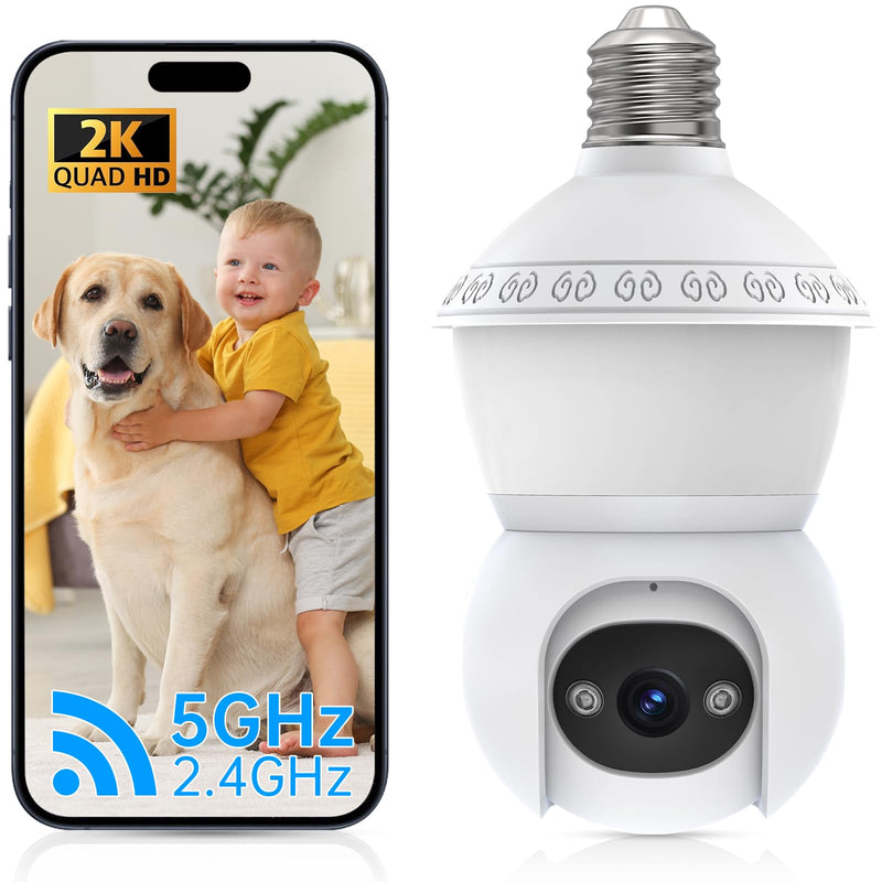 Light Bulb Security Cameras Wireless Outdoor, Lightbulb Security Camera Indoor Outside 2.4G 5GHz WiFi, Motion Detection Alarm, Two Way Talk, Human Detection, Night Vision Light Bulb Camera White