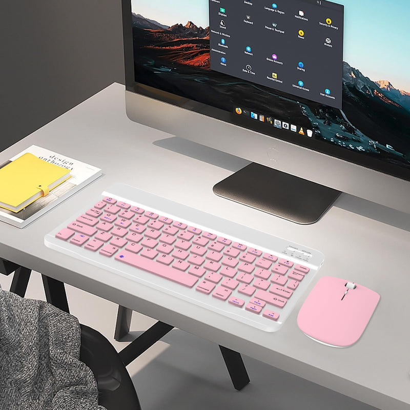 Bluetooth Keyboard & Mouse Combo, QWERTY Layout, 10 inch Ultra-Slim Wireless Rechargeable Keyboard, Lag-Free, Silent Keyboard Compatible with iPhone iPad Computer Tablet Keyboard (Pink) Pink